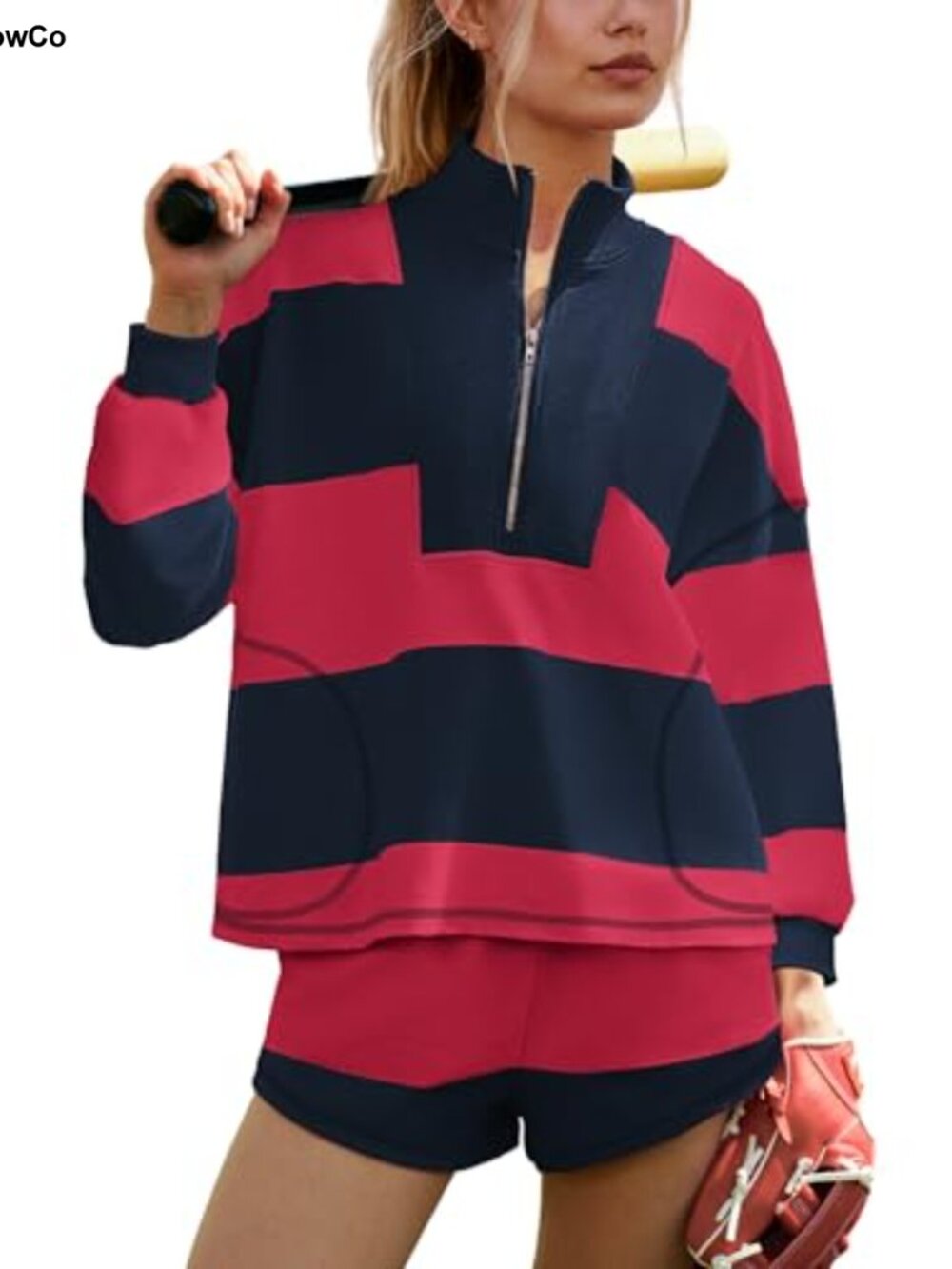 Striped Workout Set 2 Piece Long Sleeve Top & Shorts with Pockets